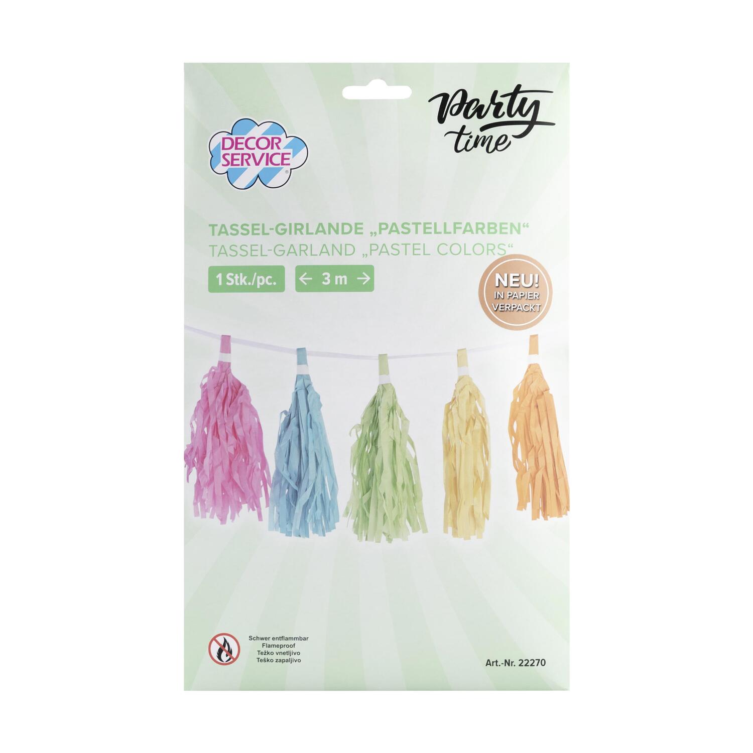 Tassel-Girlande Pastellfarben aus Papier, schwer entflammbar, 3m, 1 Stk.