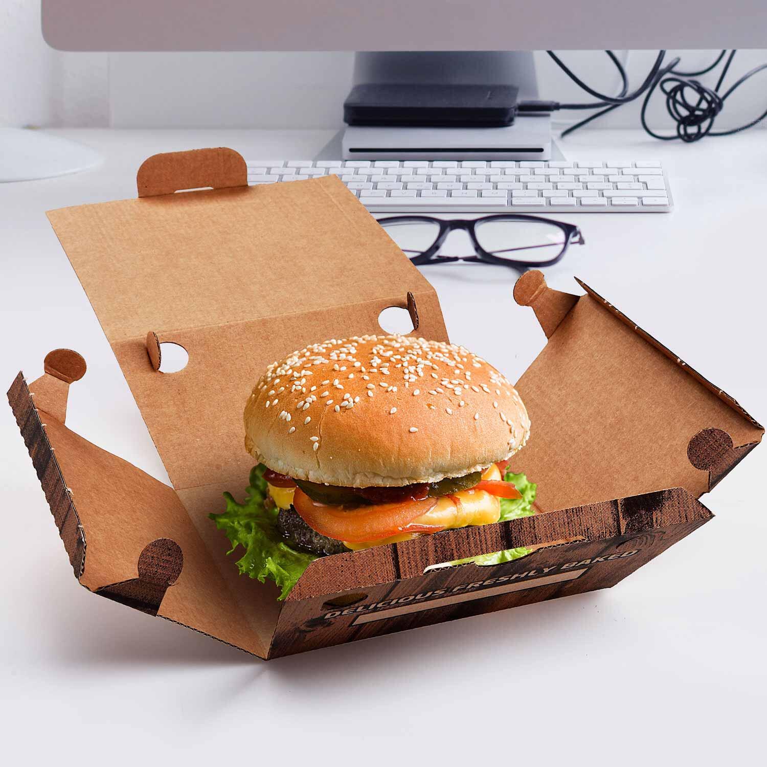 Hamburgerboxen aus Mikrowellpappe bedruckt braun 15 x 15 x 9,5 cm, 100 Stk.